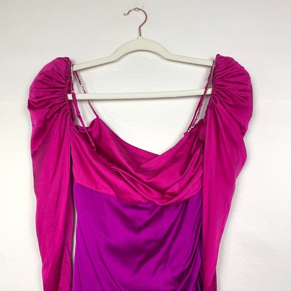 The Bar Silk Twist Puff Long Sleeve Ruched Mini Dress Pink Purple 0 - Picture 5 of 12